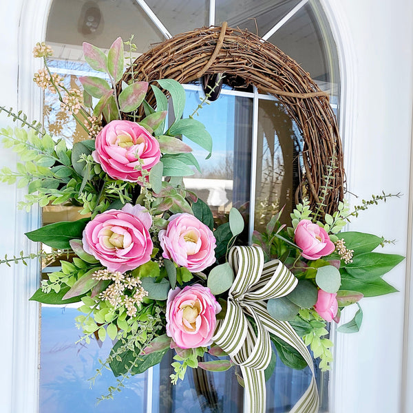 Spring Summer Everyday Wreath Soft Pink Peonies with Mixed Eucalyptus Farmhouse Cottage Welcome Front Door