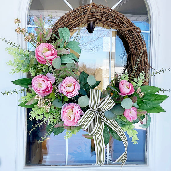 Spring Summer Everyday Wreath Soft Pink Peonies with Mixed Eucalyptus Farmhouse Cottage Welcome Front Door