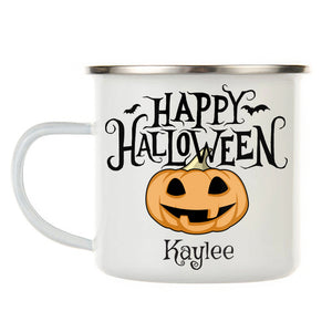 Kids Personalized 12 oz. Stainless Steel & Enamel Camp Mug with Happy Halloween Pumpkin