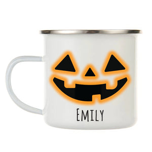 Kids Personalized 12 oz. Stainless Steel & Enamel Camp Mug with Happy Pumpkin Face