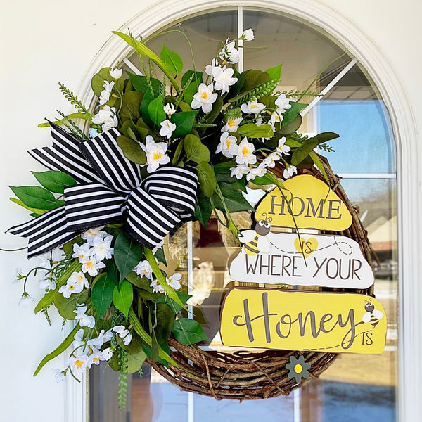 Everyday Spring Honey Sign Welcome Wreath with White Blossoms & Black and White Striped Ribbon