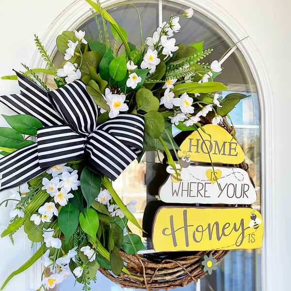 Everyday Spring Honey Sign Welcome Wreath with White Blossoms & Black and White Striped Ribbon