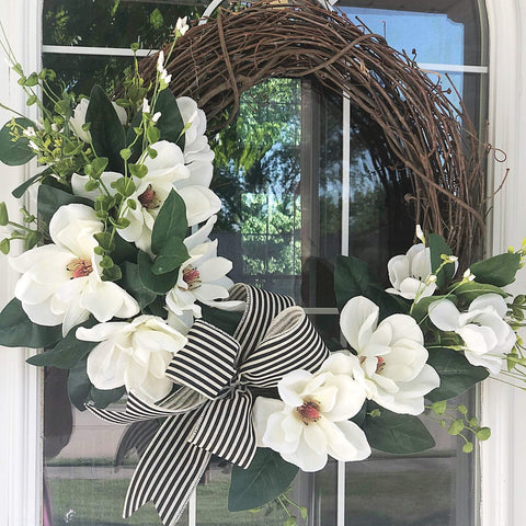 Spring and Summer Magnolia Wreath with Black and White Striped Ribbon for Front Door