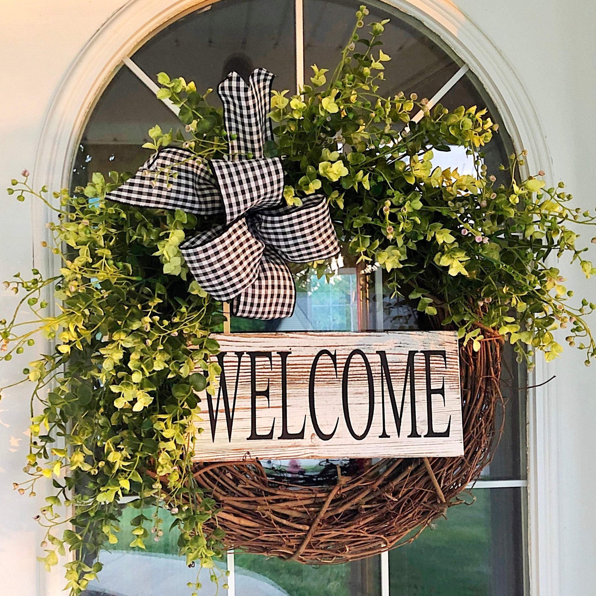 Everyday Wreath with Eucalyptus and Beach Box Wood Welcome Front Door Farmhouse Cottage