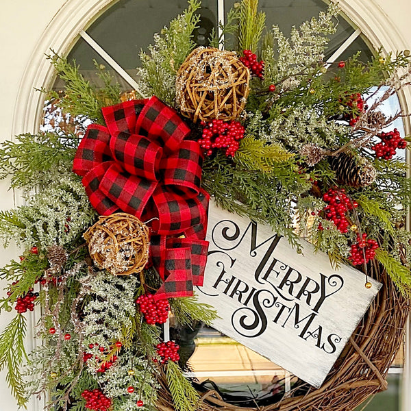Christmas Winter Merry Christmas Wreath Wooden Sign with Berries & Red Buffalo Plaid Welcome Front Door