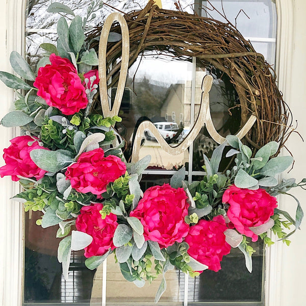 Peonies & Lambs Ear Wreath with Hi Wooden Sign Welcome Front Door Spring
