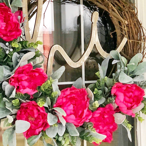 Peonies & Lambs Ear Wreath with Hi Wooden Sign Welcome Front Door Spring