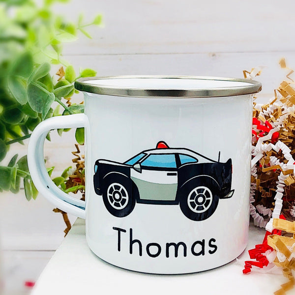 Kids Personalized 12 oz. Stainless Steel & Enamel Camp Mug with Police Car