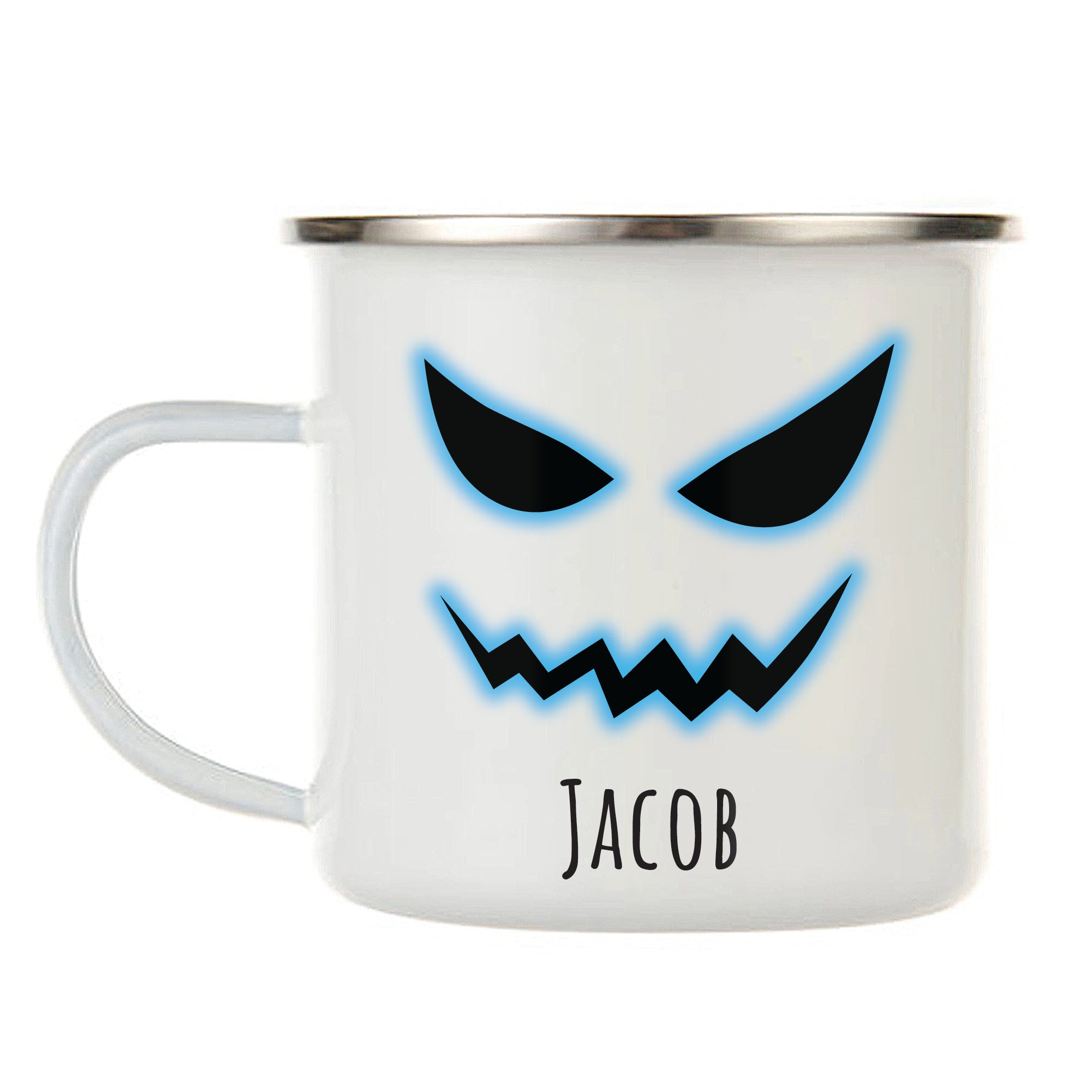 Kids Personalized 12 oz. Stainless Steel & Enamel Camp Mug with Scary Pumpkin Face