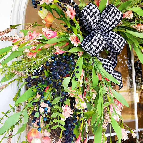 Everyday Spring Wreath Pink Blossoms & Berries with Houndstooth Ribbon Welcome Wreath Farmhouse Front Door