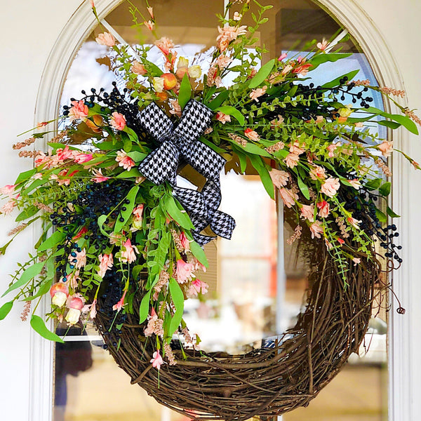 Everyday Spring Wreath Pink Blossoms & Berries with Houndstooth Ribbon Welcome Wreath Farmhouse Front Door