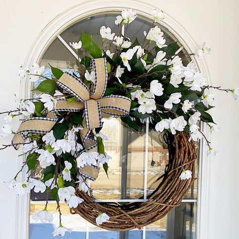 Everyday Spring Splash Welcome Wreath with White Dogwood Blossoms & Buffalo Plaid Burlap Ribbon