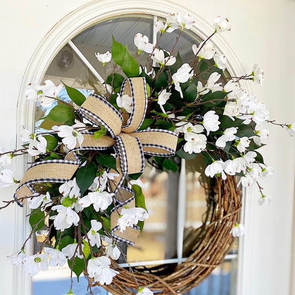 Everyday Spring Splash Welcome Wreath with White Dogwood Blossoms & Buffalo Plaid Burlap Ribbon