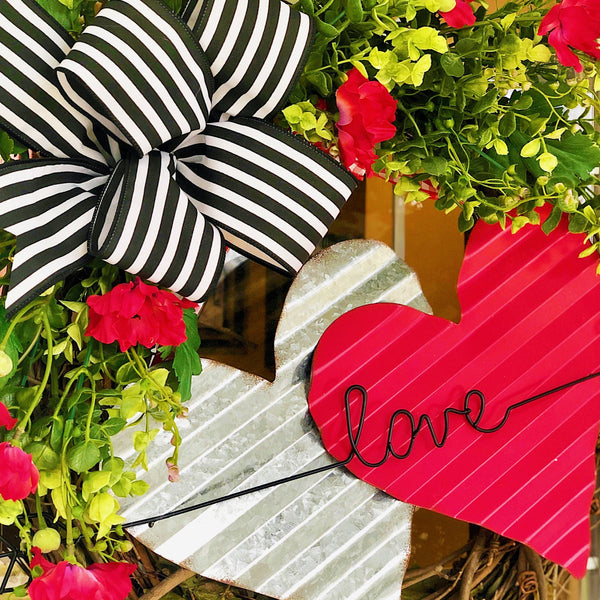 Valentines Tin Hearts Love Wreath with Striped Bow and Red Poppies Welcome Front Door Spring