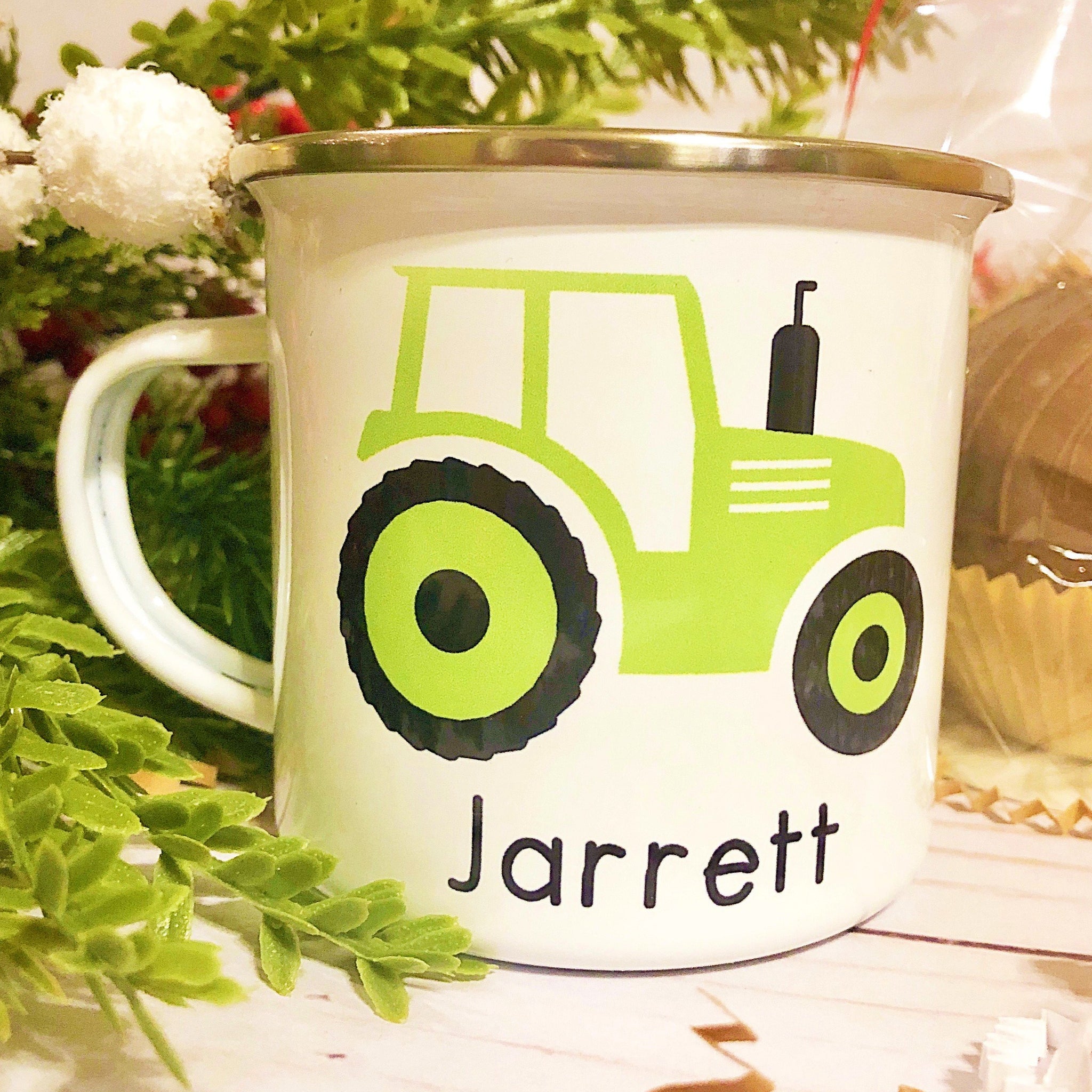 Kids Personalized 12 oz. Stainless Steel & Enamel Camp Mug with Green Tractor