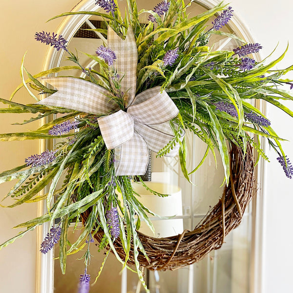 Spring Summer Variegated Grass & Lavender with Gray Checked Ribbon Welcome Wreath Front Door