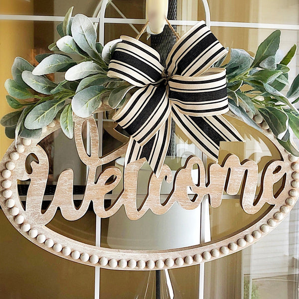Everyday Spring Welcome Wood Door Sign Lambs Ear & Striped Ribbon Country Farmhouse Front Door