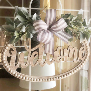 Everyday Spring Welcome Wood Door Sign Lambs Ear & Striped Ribbon Country Farmhouse Front Door