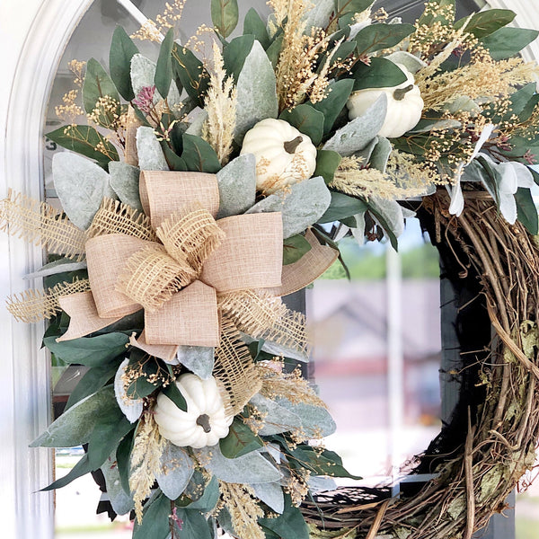 Fall Welcome Wreath with Lambs Ear Eucalyptus and White Pumpkins Burlap Ribbon for Front Door