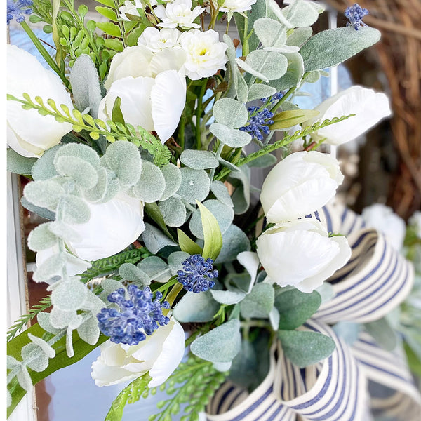 Everyday Spring Summer Welcome Wreath with White Tulips, Molopospermum Blossoms & Navy Striped Ribbon Front Door