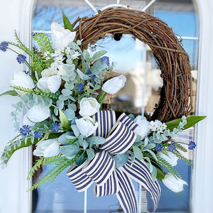 Everyday Spring Summer Welcome Wreath with White Tulips, Molopospermum Blossoms & Navy Striped Ribbon Front Door