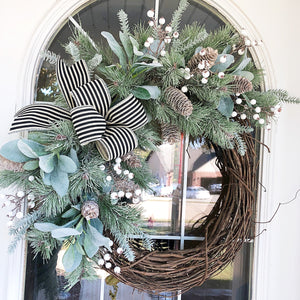 Christmas Winter Neutral Lambs Ear & Frosted Pine with Pine Cones and Berries Wreath