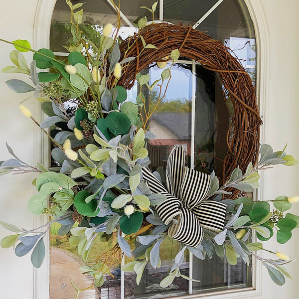 Everyday Neutral Eucalyptus & Willow with Stripped Ribbon Farmhouse Wreath